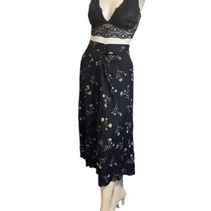 Vintage 90s Y2K Black Floral Print Button Front Midi Skirt Sz M